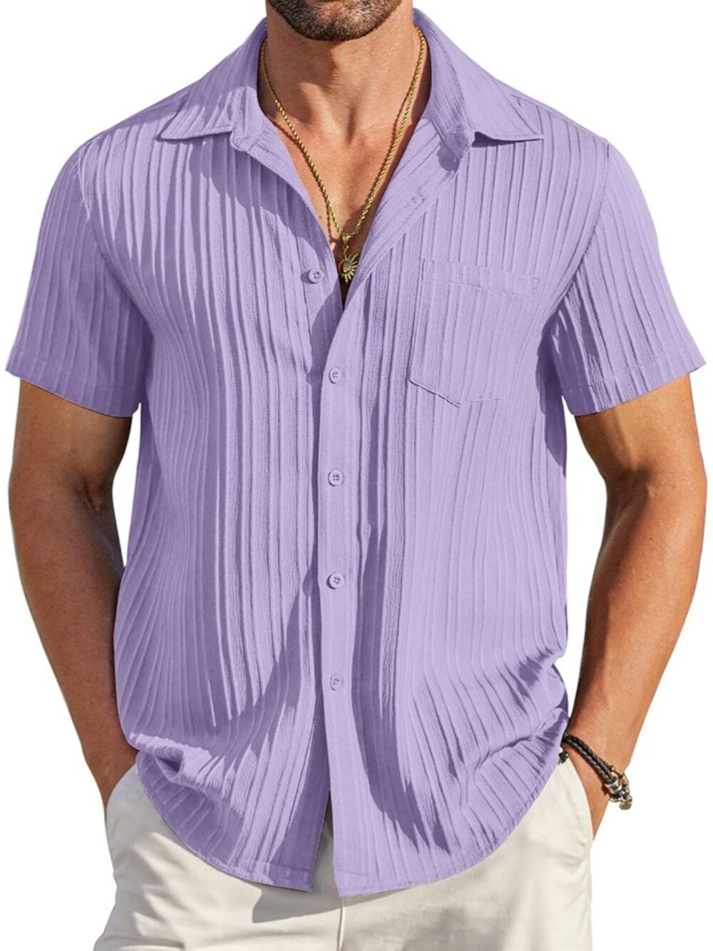 Men's Light Purple Short Sleeve Textured Summer Collared Casual Button Down Shir
